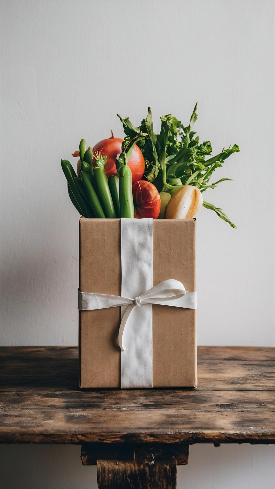 Delivery box with fresh produce on table