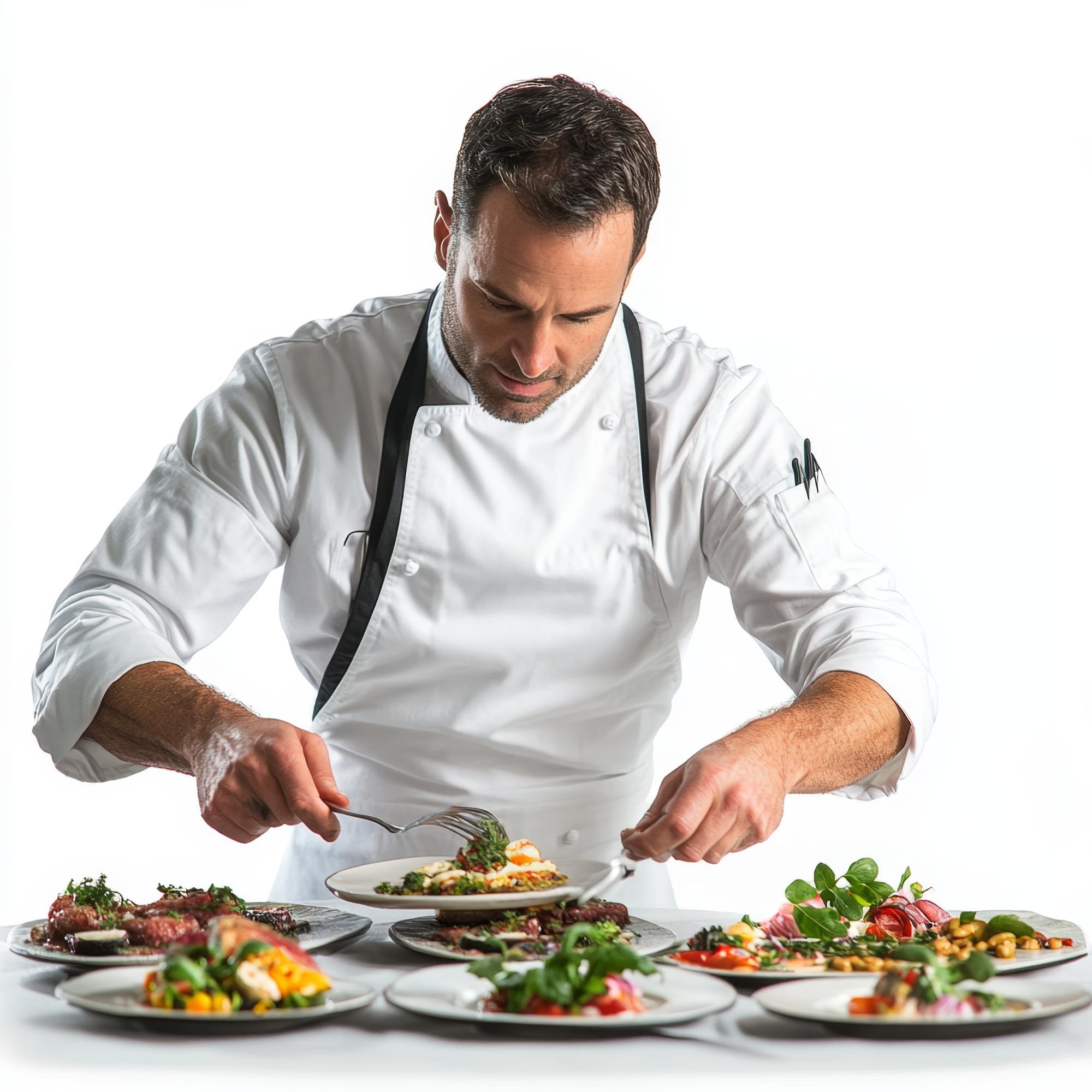 Chef preparing modern plated dish in bright kitchen